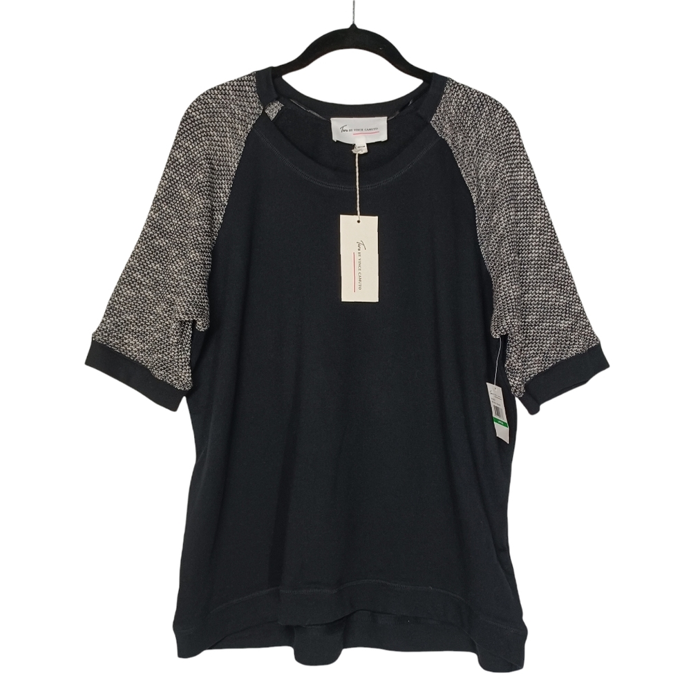 TWO BY VINCE CAMUTO Gray Knit Short Sleeve Black Top Large NWT